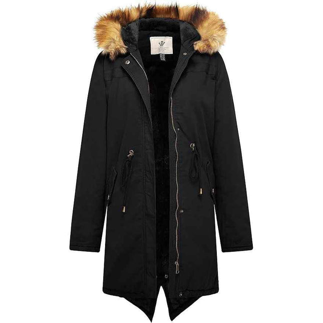 Womens Winter Fleece Coat Parka Cotton Jacket Faux Fur Hood Size XL, Black
