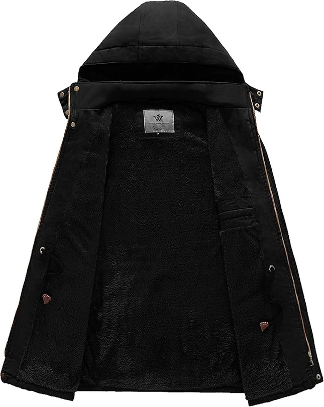 Mens Winter Parka Jacket Thick Fleece Lining Hooded Coat WenVen, Black