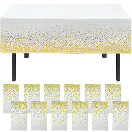 12PCS 137x274cm Gold Dot Disposable Plastic Tablecloth Wipe Clean,Waterproof Wipeable Dining Table Cover,Rectangular Oilcloth Table Cloth Party for
