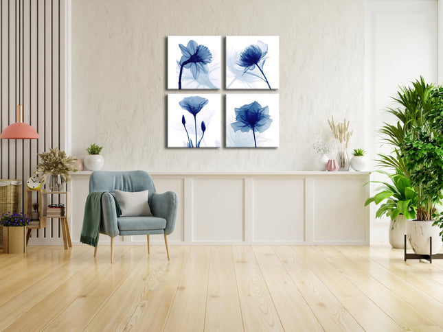 Wieco Art Large Blue Flickering Flower Modern Abstract Paintings Canvas Wall Art Grace Floral Pictures on Canvas Print 4 Panels Artwork for Living