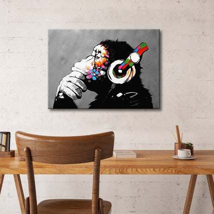 Wieco Art Monkey With Headphones Banksy Graffiti Art Abstract Canvas Painting Posters and Prints Animal Canvas Wall Art for Wall Decor and Home
