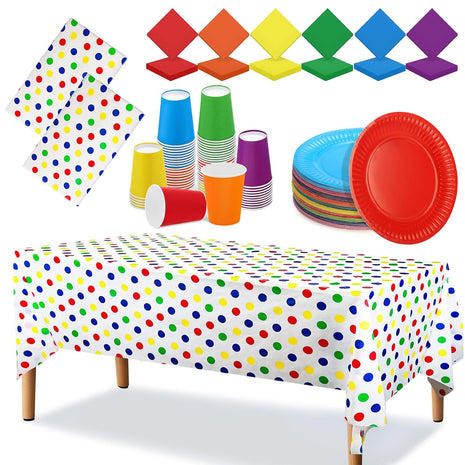 180 Pack Pieces Rainbow Party Tableware -Tablecloth, Colorful Paper Plates and Napkins 250ml Paper Cups Complete Pack Dinnerware Set for Neon Rainbow