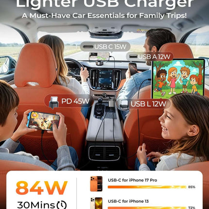 LISEN 84W Retractable USB C Car Charger for iPhone Samsung iPad Fast Charge