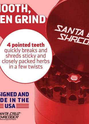 Santa Cruz Shredder Metal Herb Grinder Knurled Top for Stronger Grip 3-Piece Medium 2.2" (Red)