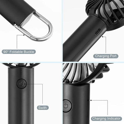 Hand-held Fan Portable Mini Fan Cooling USB Rechargeable 3 Speed With Clip Black