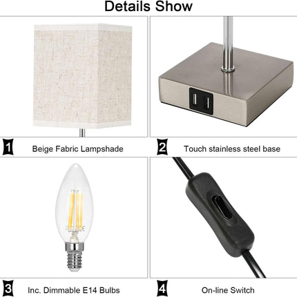 Lightess 2x Touch Bedside Lamps with USB, Dimmable, E14 Bulbs Included – White