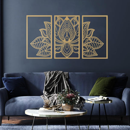 ESTART Large Lotus Flower Metal Wall Art 3-piece Set, Religion Faith Mandala Home Wall Decoration for Living Room, Bedroom, Office and Yoga Room
