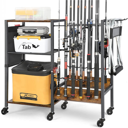 Fishing Rod Holder Organizer, Store 12 Rods, Tackle Cart for Garage & Home