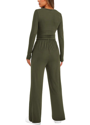 2 Pieces Women's Suit Autumn Winte Long Sleeve Tops High Waisted Wide Leg Pants Sportswear Female Clothes Solid Color Casual Suit