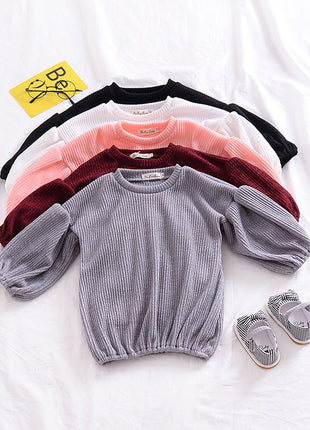 Girls Spring Lantern Sleeve Solid Color Kids T-shirt Top