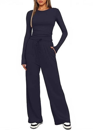 2 Pieces Women's Suit Autumn Winte Long Sleeve Tops High Waisted Wide Leg Pants Sportswear Female Clothes Solid Color Casual Suit