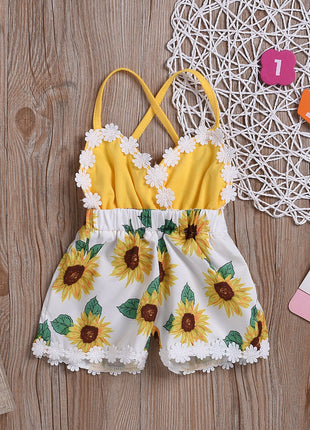 Children's Clothing Girls Baby Jumpsuits Children Sunflower Sling Lace Jumpsuit