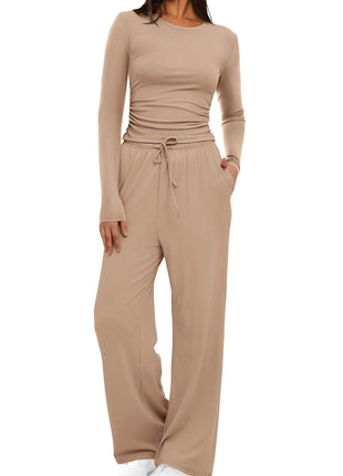 2 Pieces Women's Suit Autumn Winte Long Sleeve Tops High Waisted Wide Leg Pants Sportswear Female Clothes Solid Color Casual Suit