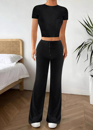 High Waist Pure Color Trousers Short Sleeve T-shirt Suit
