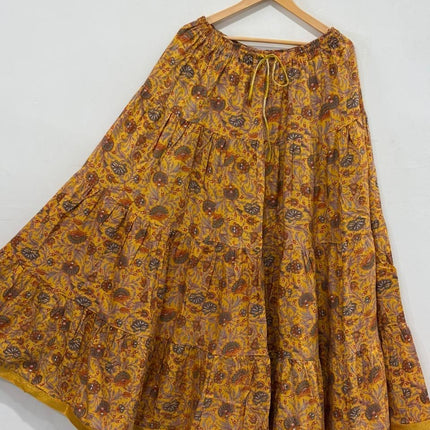 Blackfever Mustard Yellow Floral Tiered Cotton Skirt- Free Size