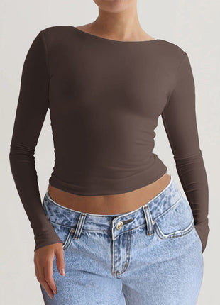 Chic Slim-fit Long-sleeve Solid-color Base T-shirt For Women