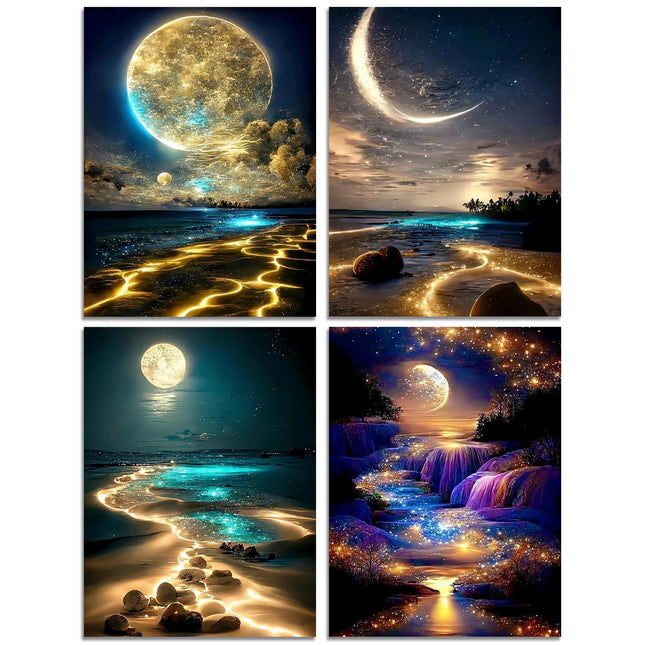 Muzagroo Art Moon Diamond Painting Kits for Adults, 5D Art Kits for Beginners, DIY Arts and Crafts for Living Room, Kids Room 4 PCS Wall Art