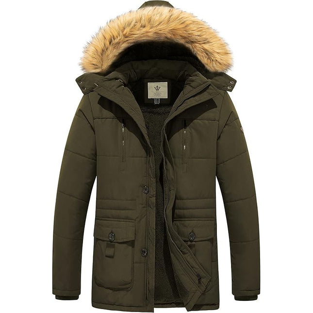 Mens Fleece Jacket Windbreaker Parka Removable Hood Army Green S WenVen