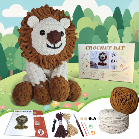 Alutaba Crochet Kit for Beginners Adults, 10in Lion Crochet Animal Kits for Adults with Step by Step Videos Tutorials, Knitting Kit for Crochet Lover