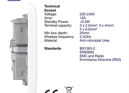 British General Slim Nexus Double Switched 13A Power Socket + Smart Home Control - White