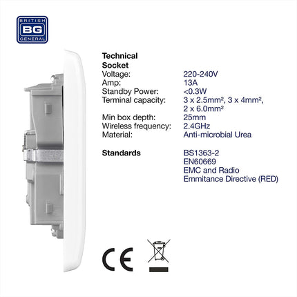 British General Slim Nexus Double Switched 13A Power Socket + Smart Home Control - White