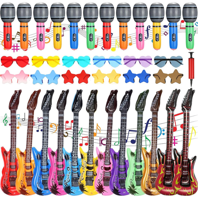 36 Pcs Inflatable Instruments Party Props Set, Include 12 Inflatable Rock Star Guitars 12 Inflatable Microphones 12 Colorful Sunglasses for 80s 90s