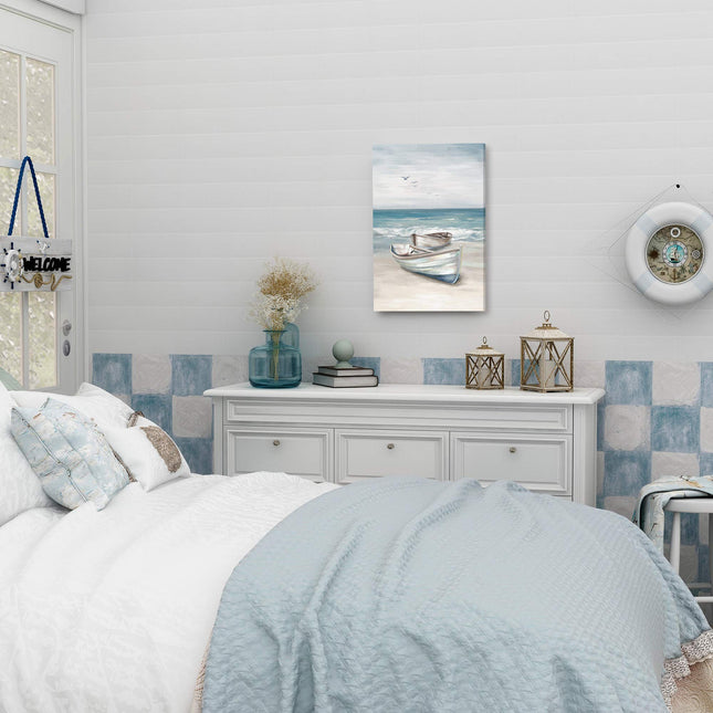 SUMGAR Ocean Wall Art Blue White Sea Canvas Paintings Sandy Beach Pictures Boat Coastal Artwork Framed Seashore Prints Seaside View Home Decor for