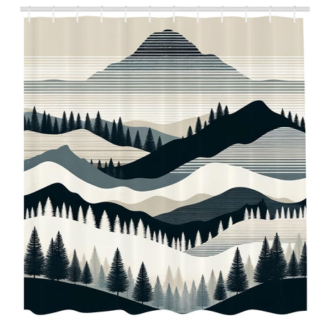 ABAKUHAUS Striped Shower Curtain, Mid Century Modern Mountain, Cloth Fabric Bathroom Decor Set with Hooks, 175 x 200 cm, Dark Petrol Blue Eggshell