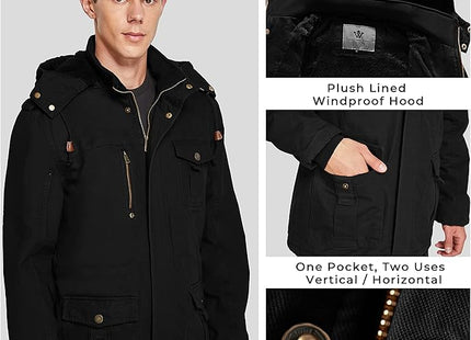 Mens Winter Parka Jacket Thick Fleece Lining Hooded Coat WenVen, Black