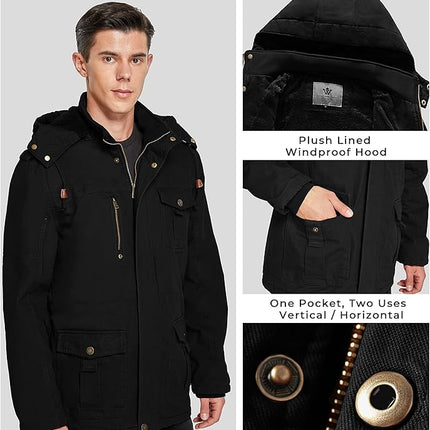 Mens Winter Parka Jacket Thick Fleece Lining Hooded Coat WenVen, Black