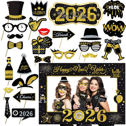 24 Pcs New Years Eve Decorations 2026 Party Accessories - Photo Booth Props Supplies,Selfie Picture Frame Funny Set,Paper Sunglasses Decoration for