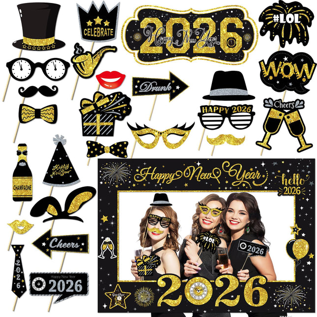 24 Pcs New Years Eve Decorations 2026 Party Accessories - Photo Booth Props Supplies,Selfie Picture Frame Funny Set,Paper Sunglasses Decoration for
