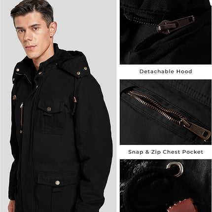 Mens Winter Parka Jacket Thick Fleece Lining Hooded Coat WenVen, Black