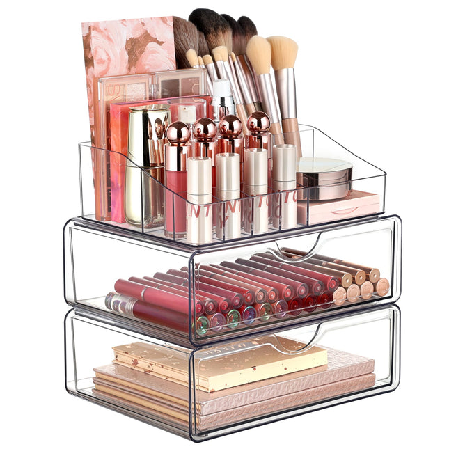 Vtopmart 3 Tier Clear Makeup Organizer with Drawer, Cosmetic Storage for Dresser Countertop and Bathroom Vanity, Beauty Holder for Lipstick Brush