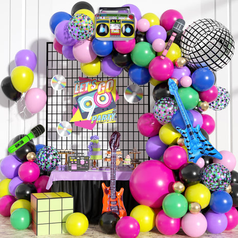 80s 90s Theme Party Decorations, Retro Rock Music Balloon Garland Arch Kit with Rainbow Balloons & Disco Ball Boombox Bass Guitar Microphone Foil