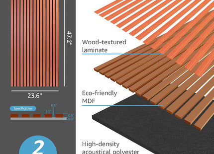 Acoustic Wood Slatted Wall Panels 2 Pack 60x120cm 3D Effect Cherry Finish Art3d