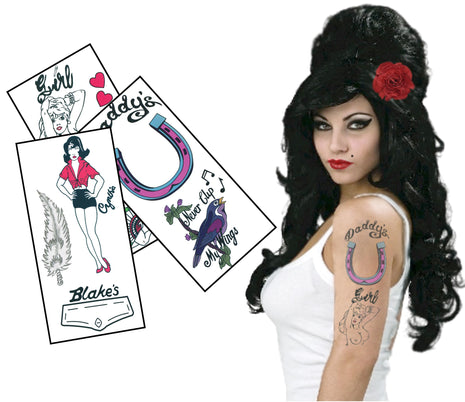 Amy Inspired Temporary Tattoos ? Realistic Rehab Tattoo Sheet for Halloween, Fancy Dress & Festivals ? Skin Safe Fake Tattoos for Adults