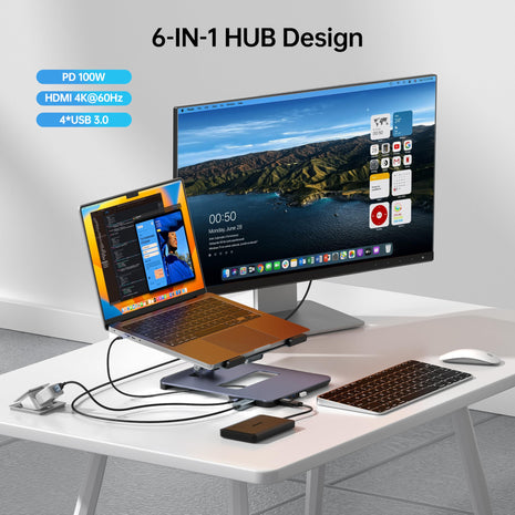 BENFEI Laptop Stand with USB C 6in1 Hub, HDMI 4K@60Hz, 4*USB3.0, 100W PD Compatible with MacBook Pro/Air, iPad Pro, XPS, Thinkpad