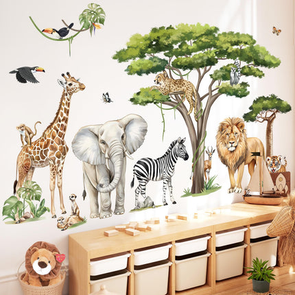 decalmile Large Safari Animals Tree Wall Stickers Jungle Animals Giraffe Elephant Lion Leopard Wall Decals Baby Nursery Kids Room Wall Decor(XXL)