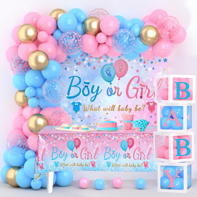 154pc Gender Reveal Decoration Set with 142pcs Balloons Arch Kit, Banner, Table Cloth & Baby Boxes for Neutral Baby Shower Decorations