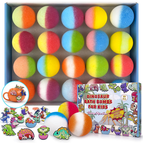 20PCS Bath Bombs with Dinosaur Suction Toys Inside, Colorful Bubble Fizzy for Toddlers, Natural Organic Bath Bombs for Girls and Boys at Birthday,