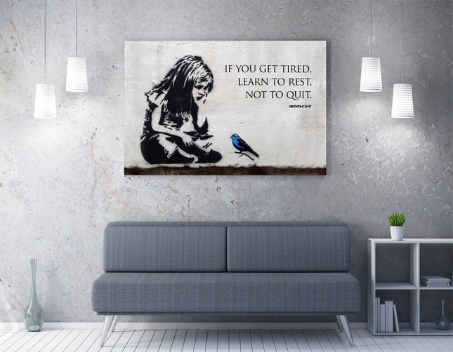 CanvasArtShop BANKSY GIRL BLUE BIRD QUOTE FRAMED CANVAS WALL ART PRINT ARTWORK GRAFFITI (36in x 24in / 91cm x 60cm)