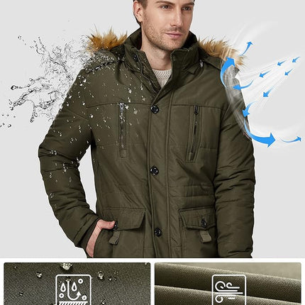 Mens Fleece Jacket Windbreaker Parka Removable Hood Army Green S WenVen