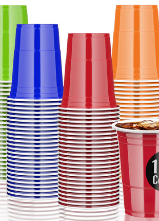 AOLUXLM Reusable Plastic Cups - 25 Red Cup + 25 Blue + 25 Green + 25 Orange + 10 PingPong Balls for Games, 100 Disposable Cups for Christmas, New