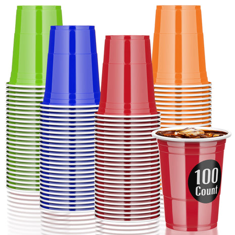 AOLUXLM Reusable Plastic Cups - 25 Red Cup + 25 Blue + 25 Green + 25 Orange + 10 PingPong Balls for Games, 100 Disposable Cups for Christmas, New