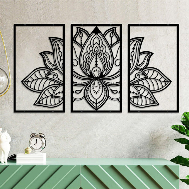 ESTART Large Lotus Flower Metal Wall Art 3-piece Set, Religion Faith Mandala Home Wall Decoration for Living Room, Bedroom, Office and Yoga Room