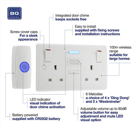 British General Nexus Double Switched 13A Power Socket with Door Chime - White