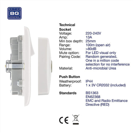 British General Nexus Double Switched 13A Power Socket with Door Chime - White