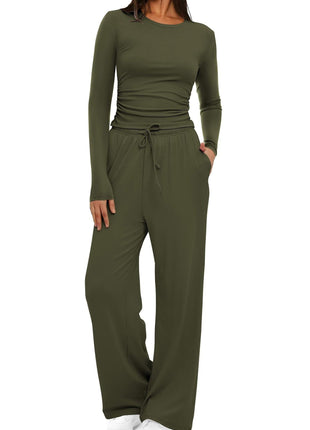 2 Pieces Women's Suit Autumn Winte Long Sleeve Tops High Waisted Wide Leg Pants Sportswear Female Clothes Solid Color Casual Suit