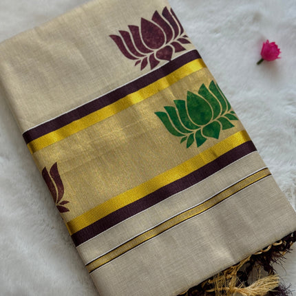 Premium Kerala Kasavu Saree – Off-White with Dual Lotus Motifs & Gold Border